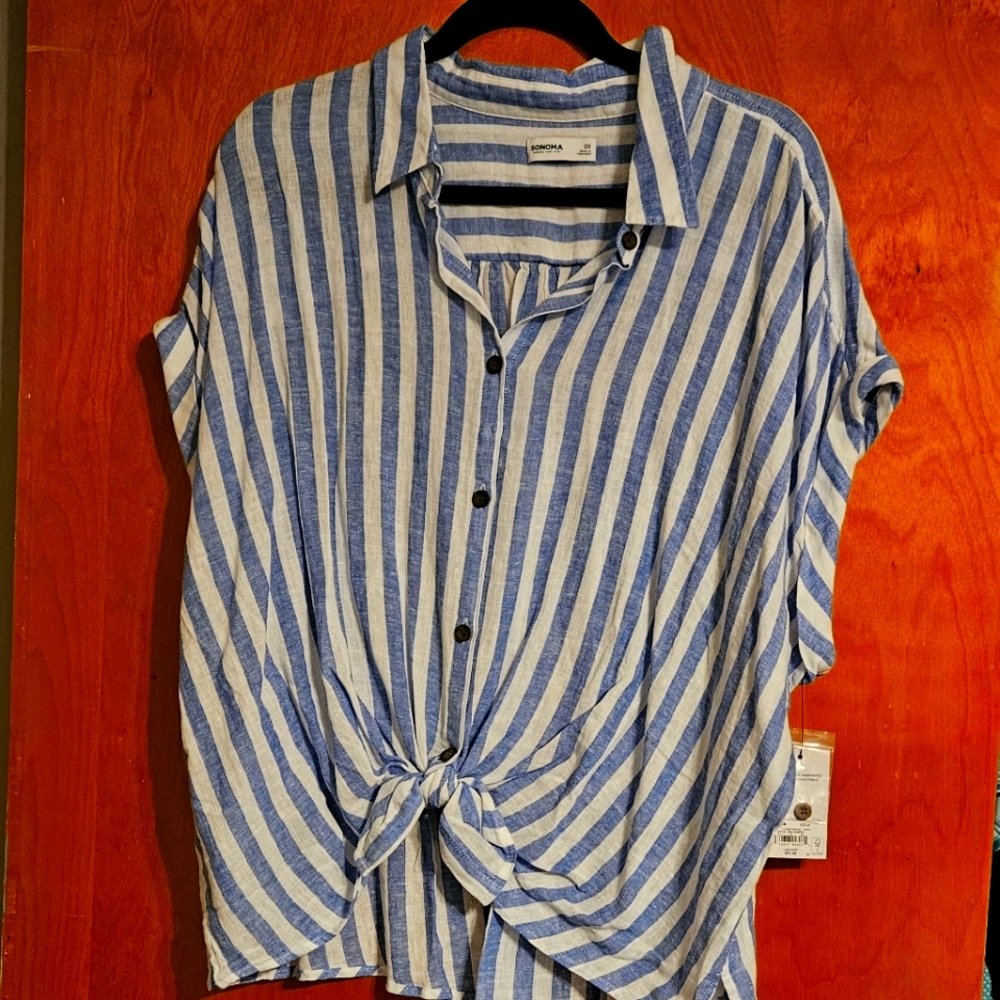 NEW-Plus Size Blue and White Striped Button-Up Shirt